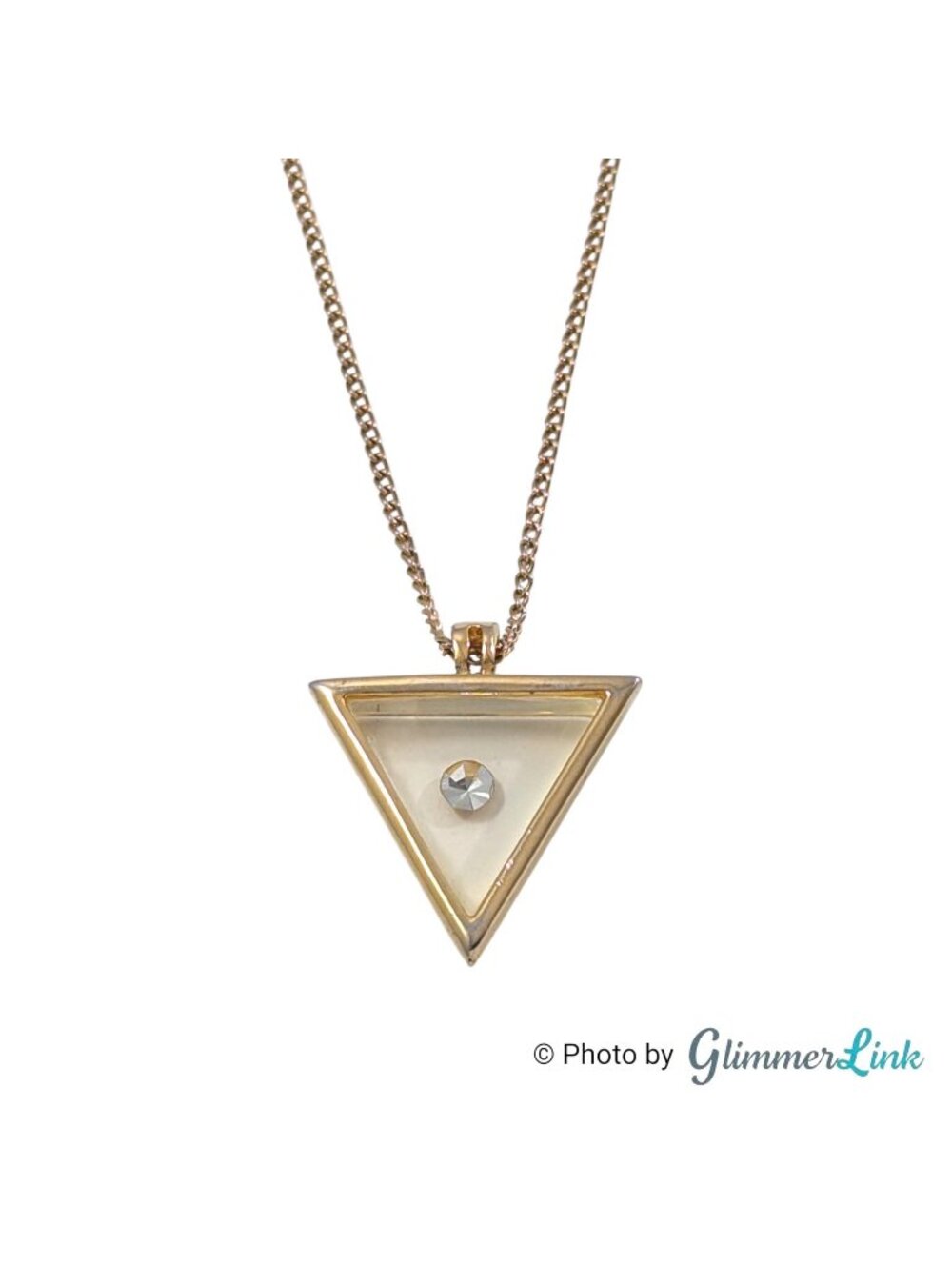 Vintage Lucite Triangle Pendant Necklace Gold Tone Rhinestone 16 Inch